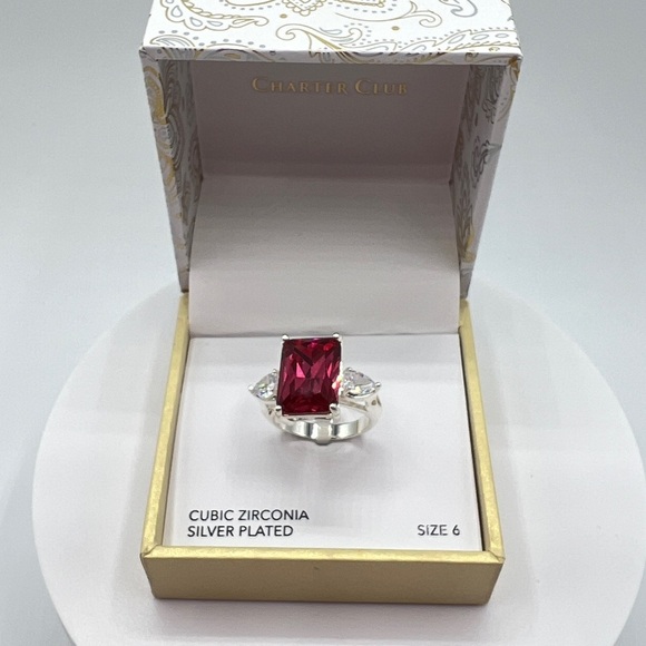 Charter Club Emerald Cut Red Crystal Ring in Silver-Tone Size 6,8,9,11 NWT - Picture 3 of 8
